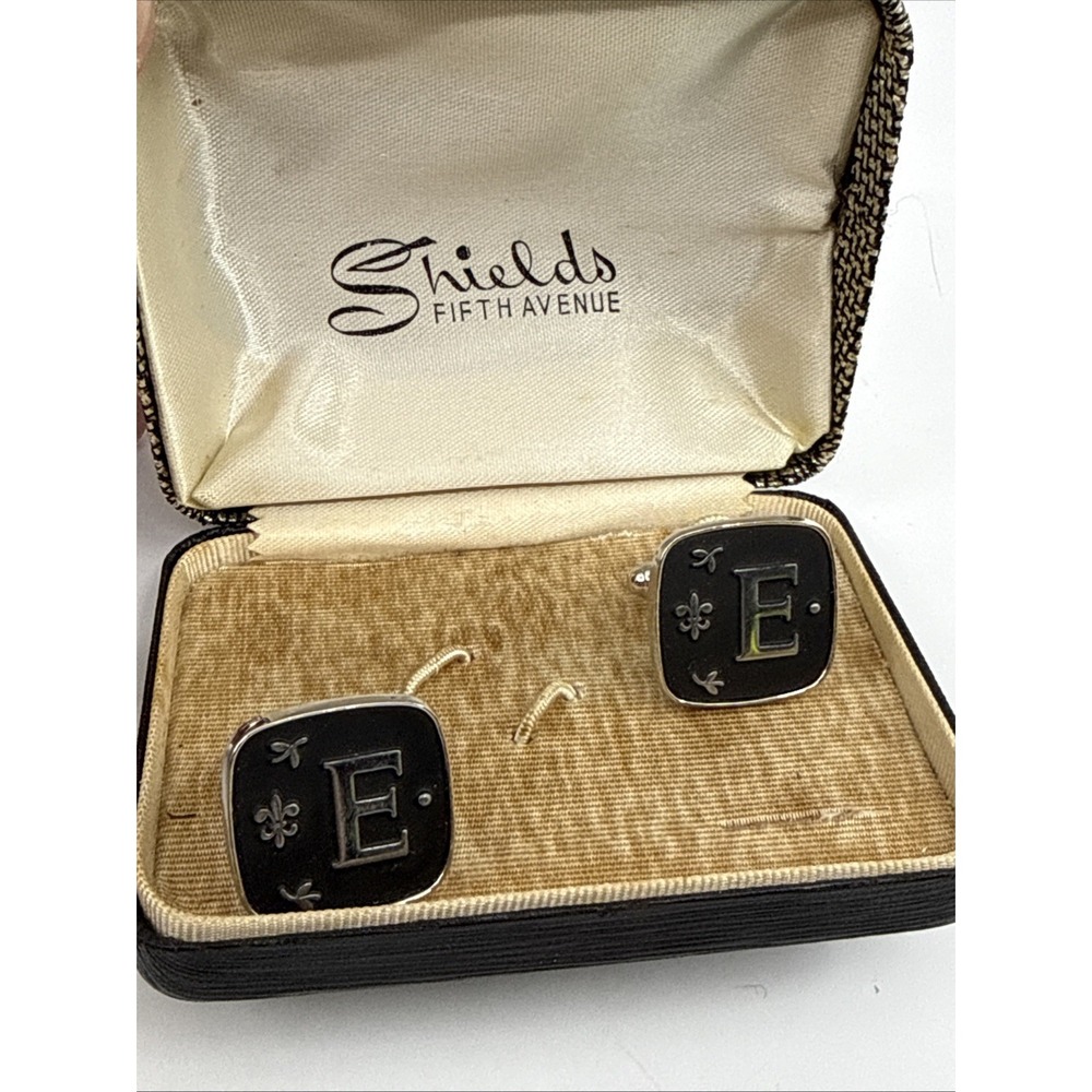Vintage Shields Fifth Avenue Monogram E Black & Silvertone Cufflinks In Box